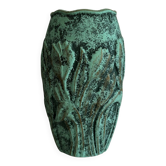 Vintage green patinated ceramic vase with raised floral decoration.