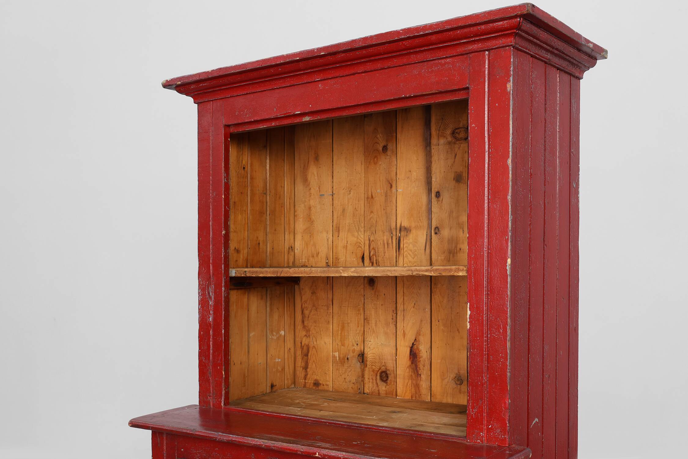 French 19th Century Red‑Painted Stepback Cupboard in Pine