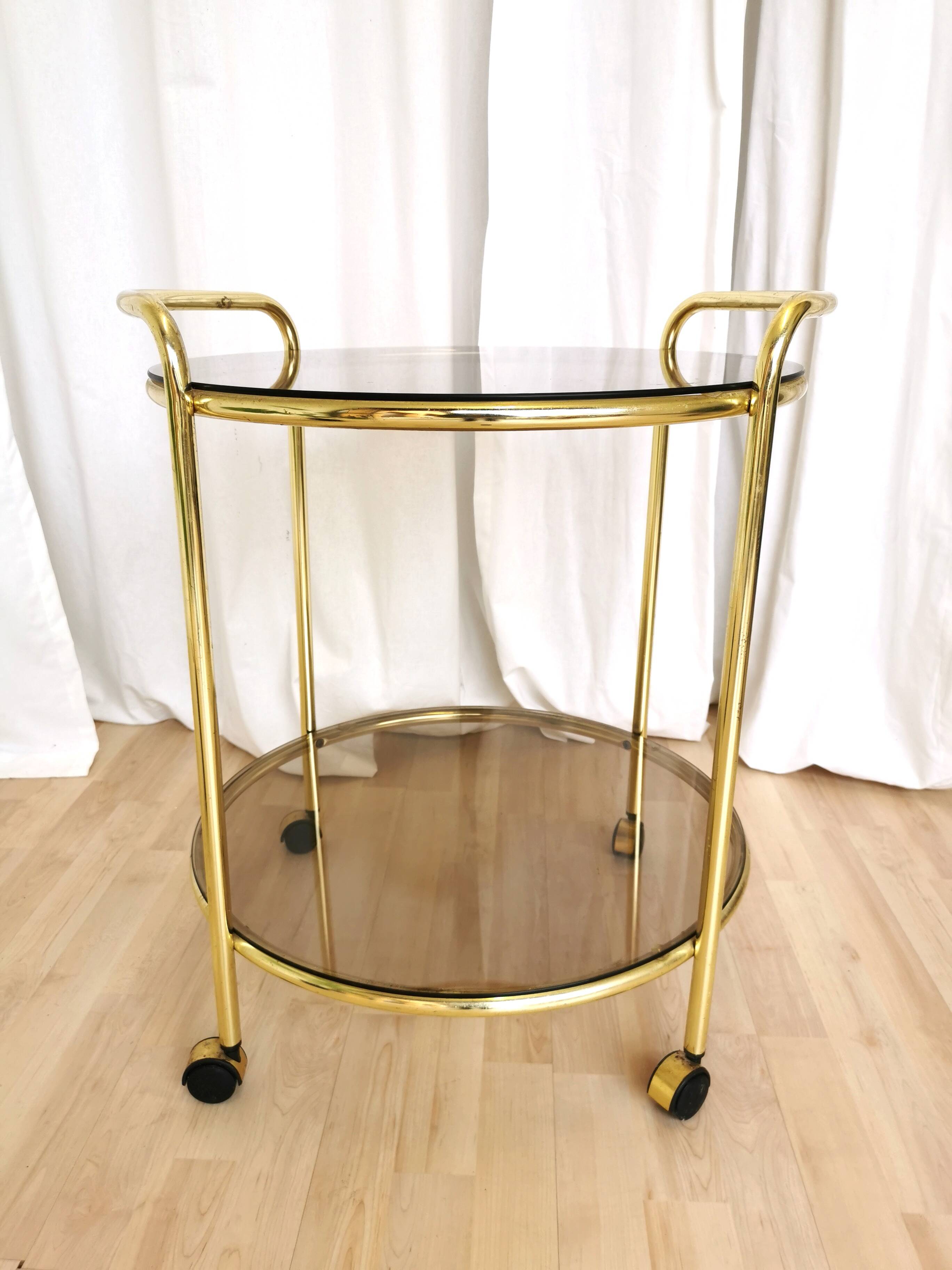 Vintage Smoked Glass Serving Trolley: 1970s Mid-Century Modern Bar Cart