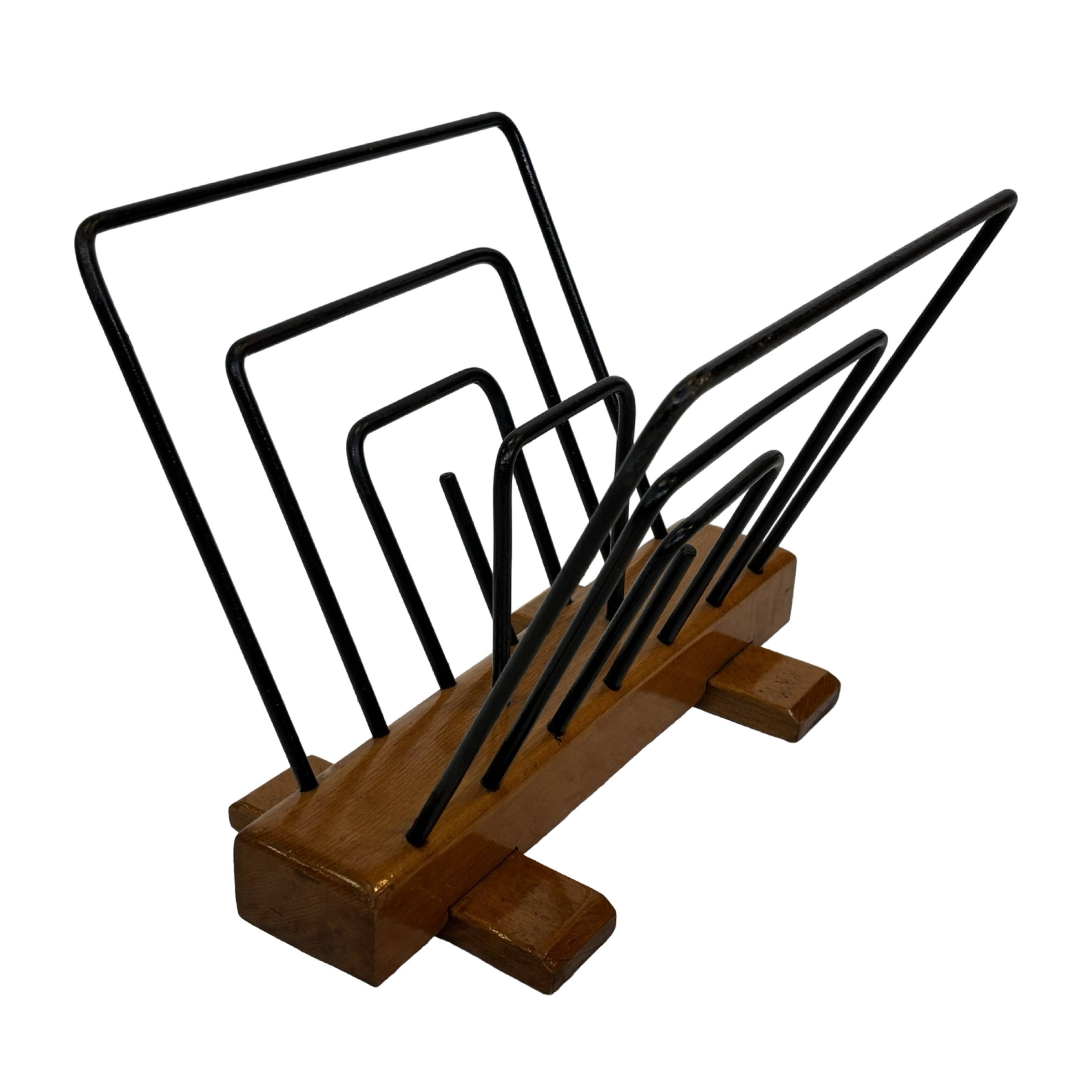 Vintage Reading Basket Steel Oak Magazine Rack 50's design