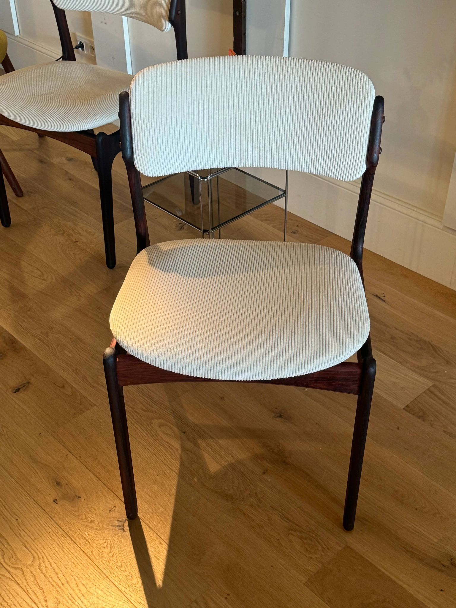 Pair of vintage Scandinavian chairs by Erik Buch model 49 in cream velvet.