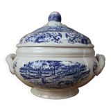 Vintage earthenware soup tureen Sarreguemines Derby series 1920 Blue and white