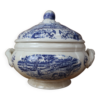 Soupière vintage faïence Sarreguemines série Derby 1920 Bleue et blanche