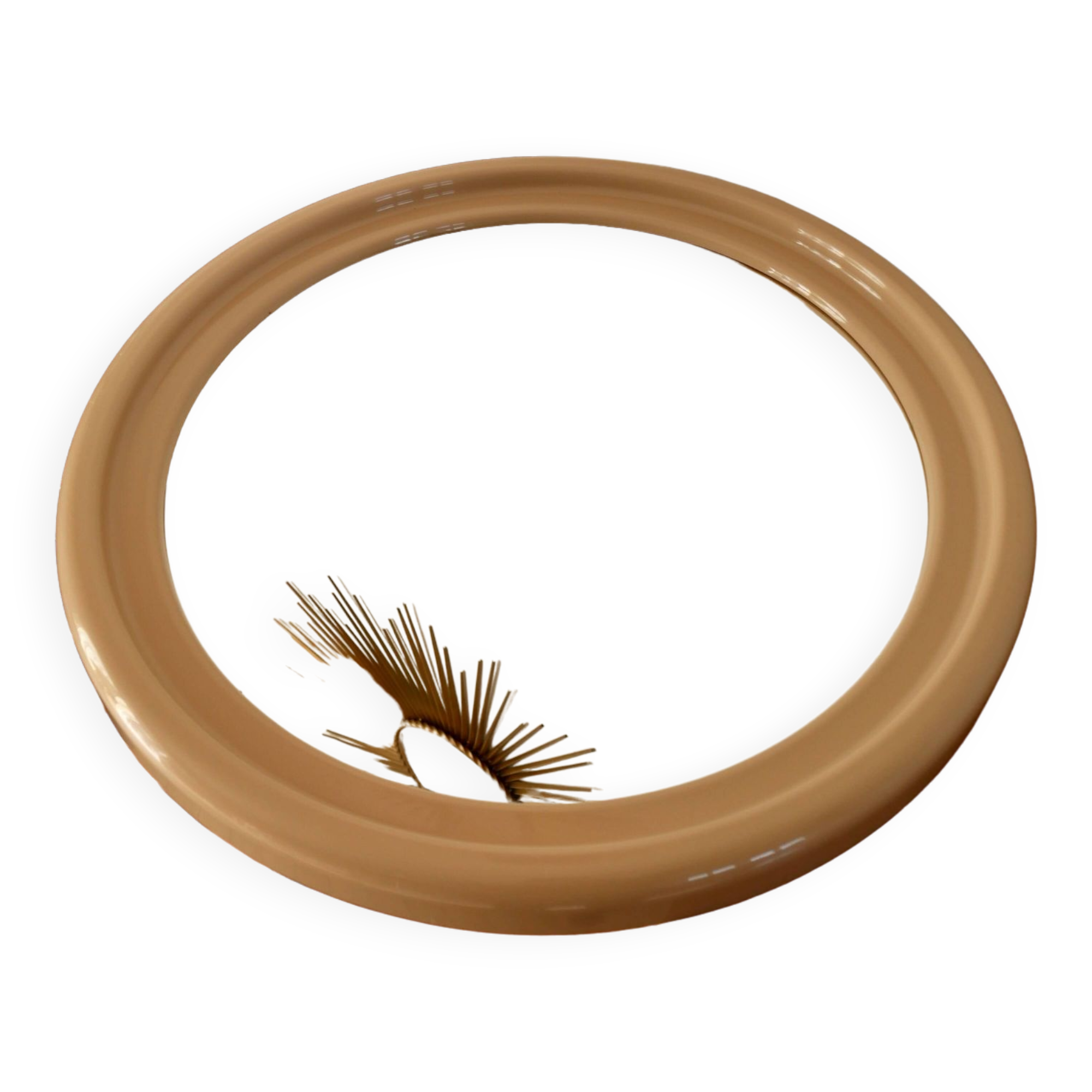 Large round mirror in pink beige plastic from the 70s