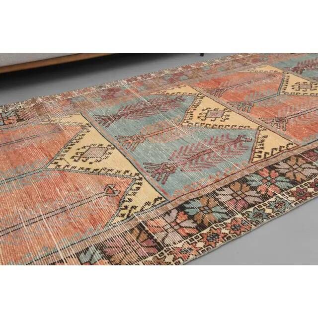 1970s Vintage Turkish Hand-Knotted Wool Cotton Orange Runner Rug 143x339