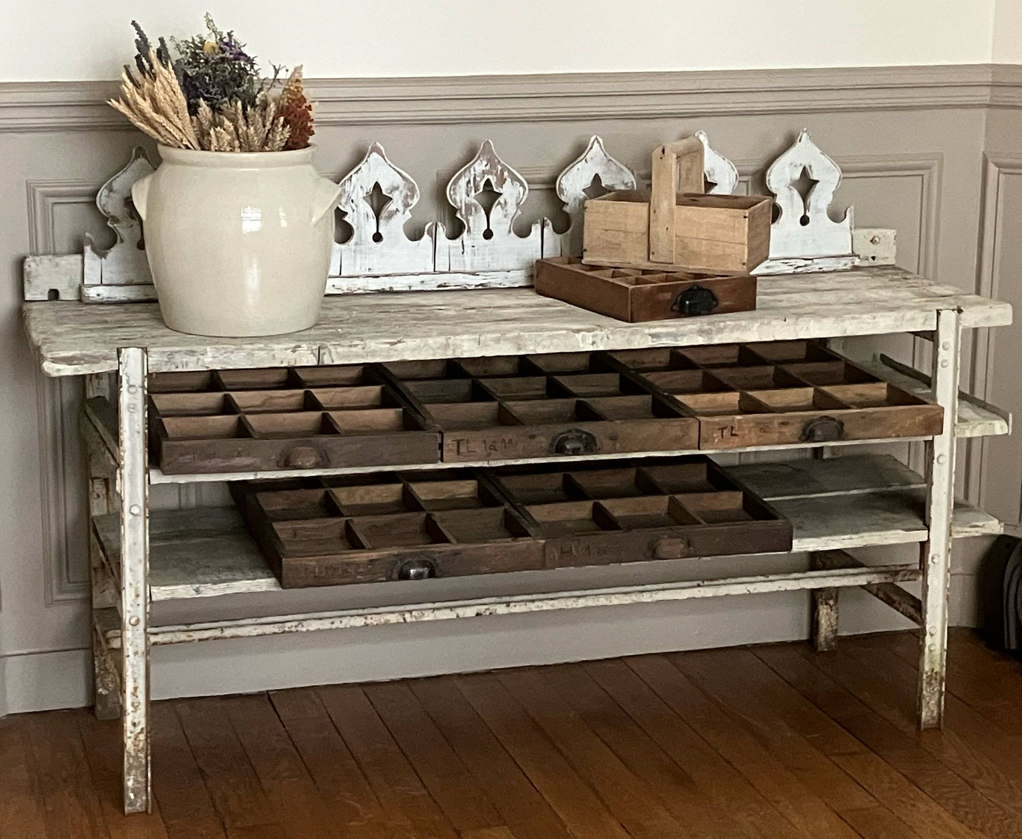 Old workbench, a piece of wooden and metal furniture.