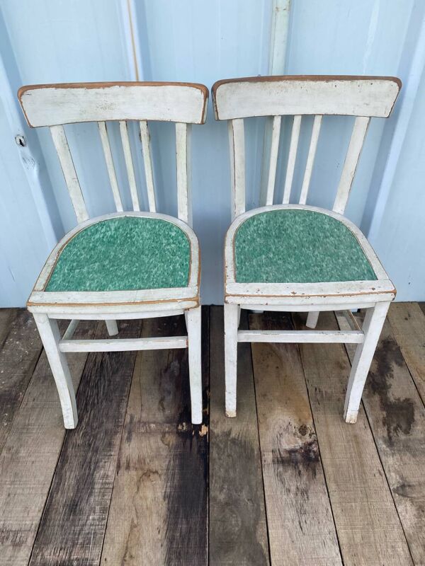 Paire de chaise ancienne bistrot luterma bois gris + assise verte vint