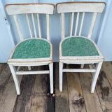 Pair of antique luterma bistro chairs in grey wood + green seat vintage