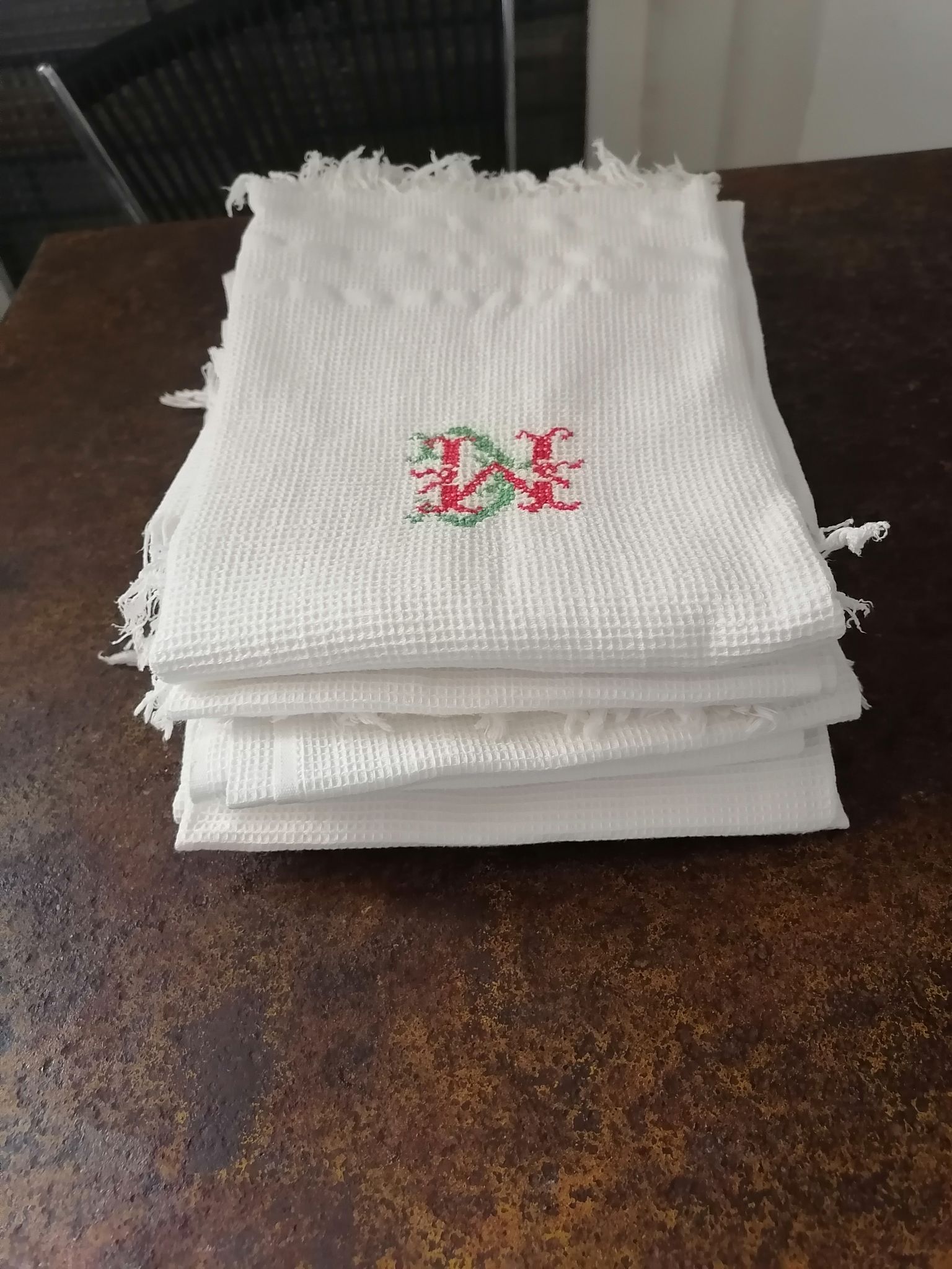 Set of 6 towels cotton i honeycomb fringes 1930 50