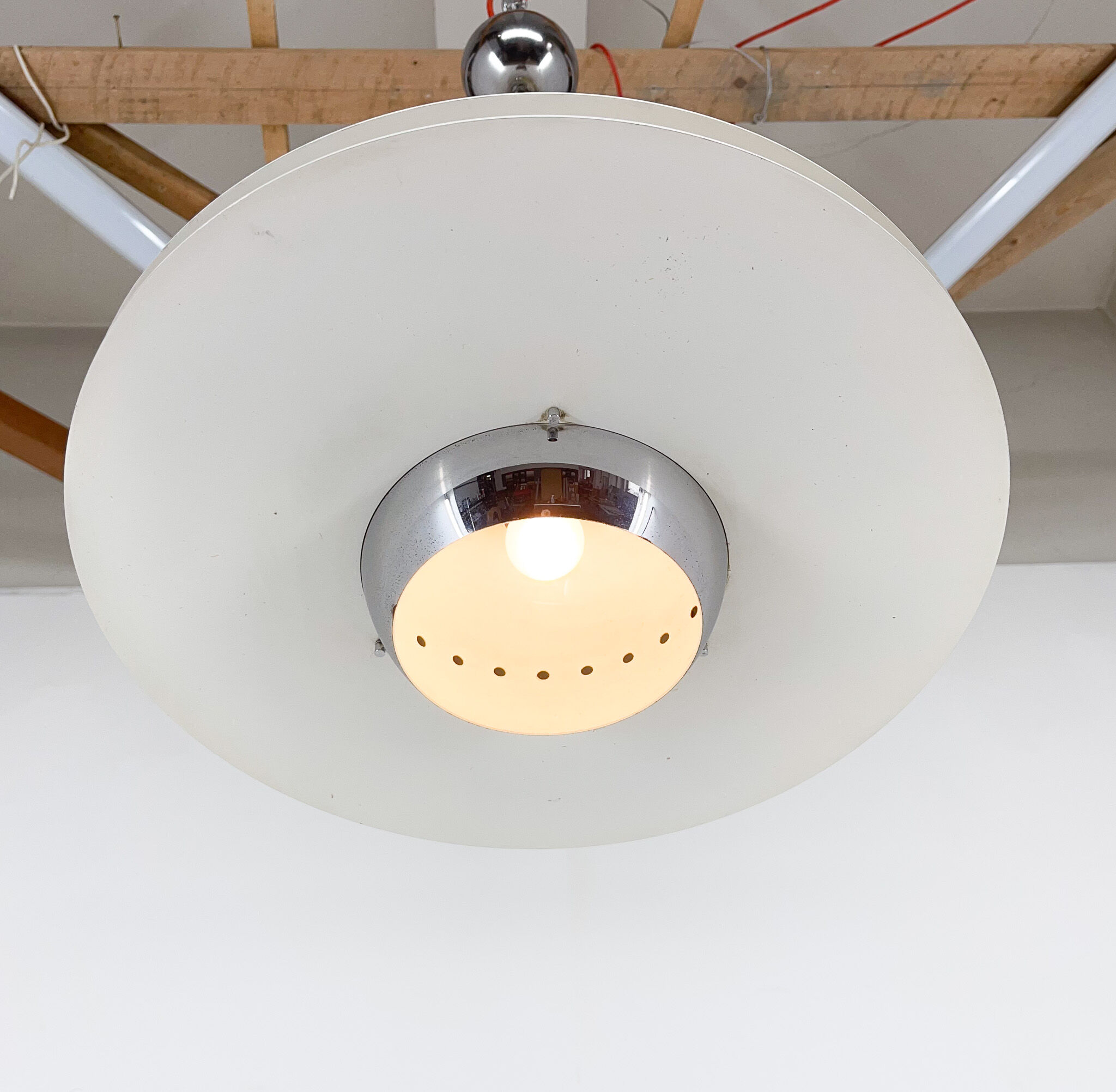 1970's ufo chrome & lacquered metal space age pendant, Italy