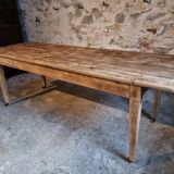 Antique French pine dining table, large farmhouse table on wheels, 19th century.