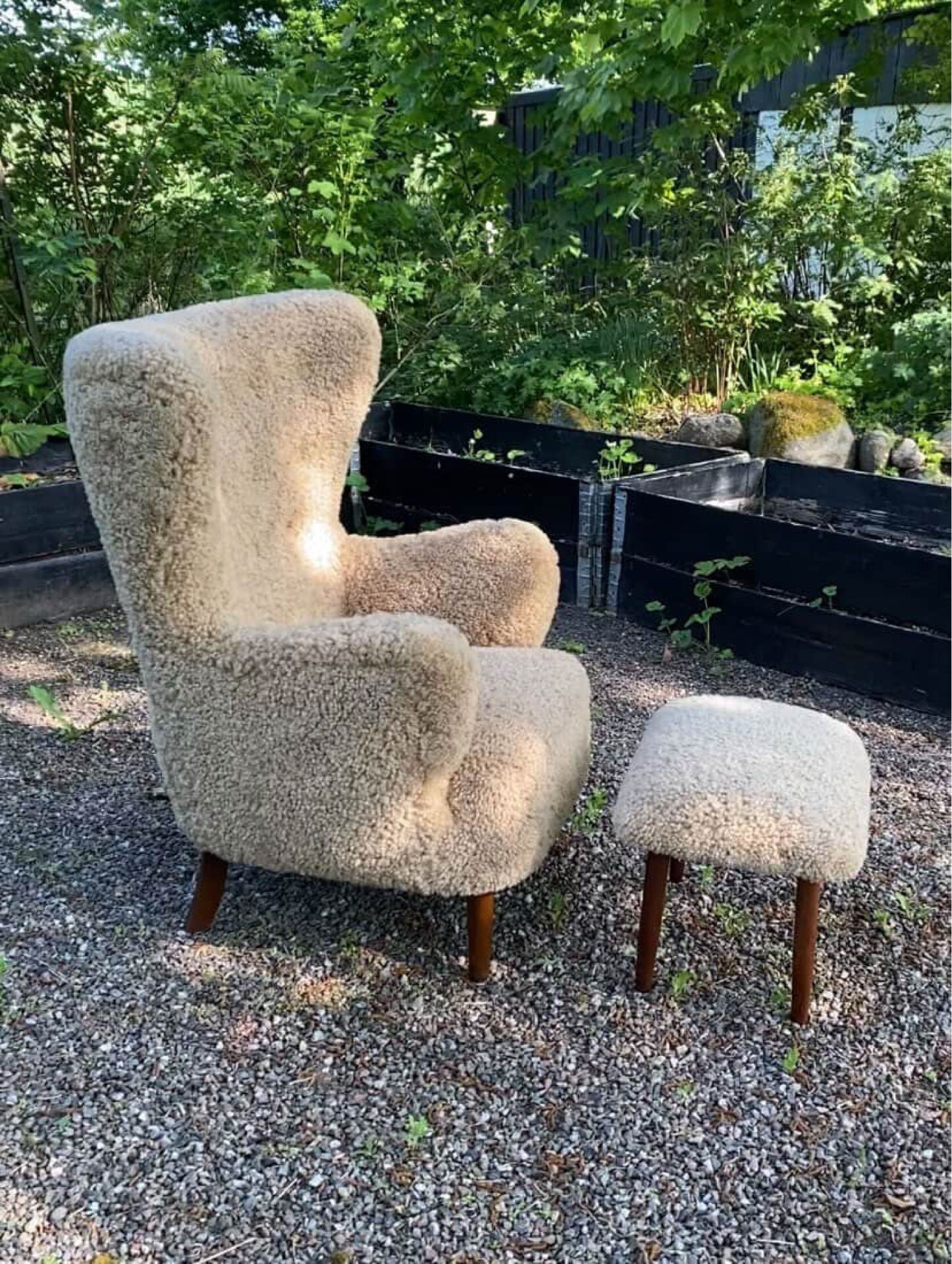Vintage Wingback Chair & Footstool in sheepskin