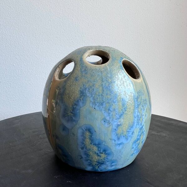 Pique-fleurs en céramique émaillée bleue, 1956