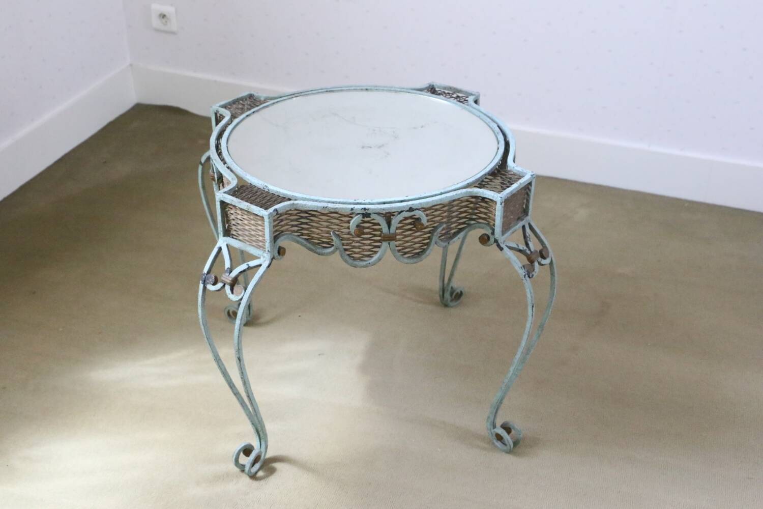 Wrought iron pedestal table mirror top 1930