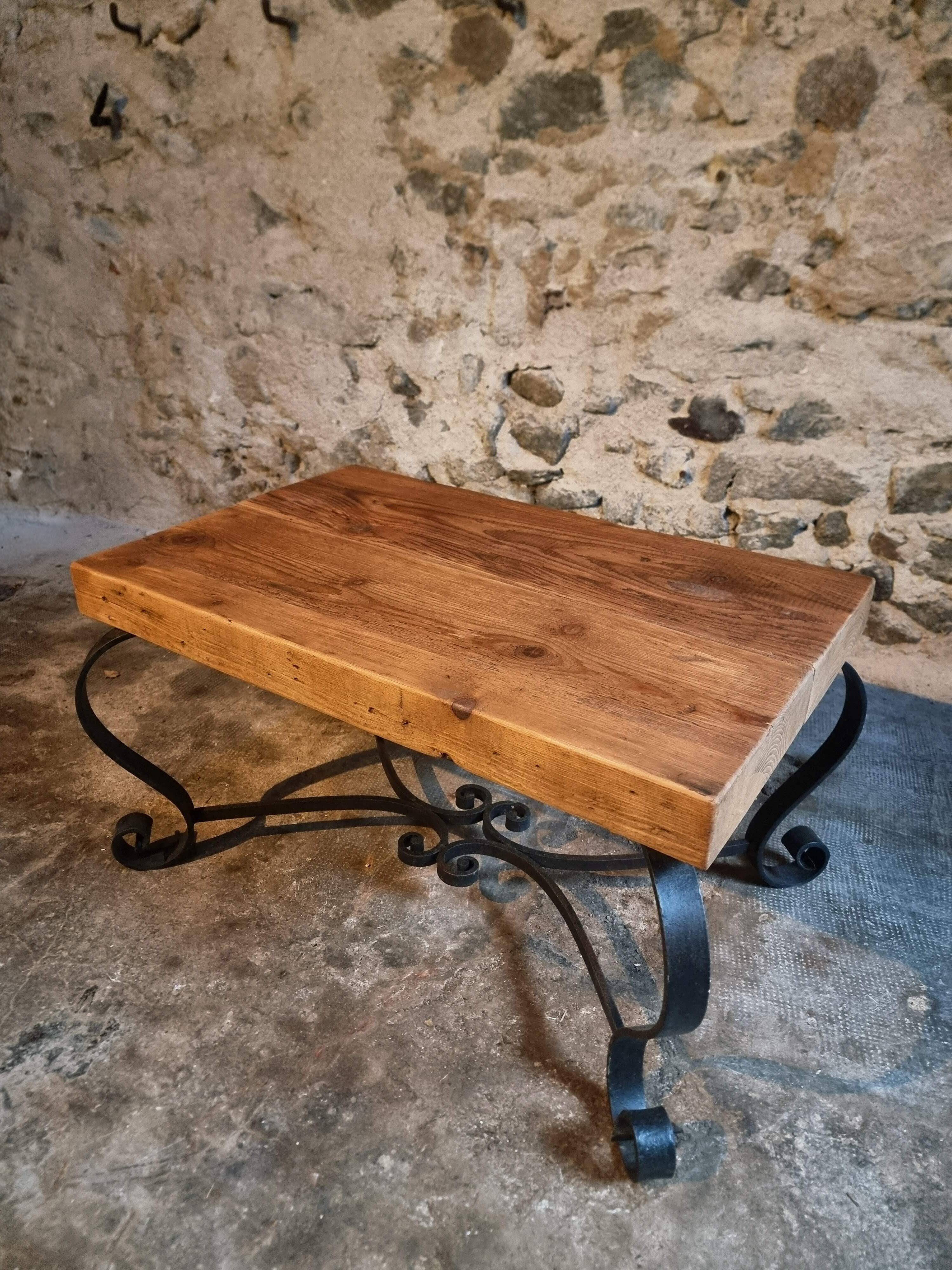 Vintage French coffee table from the 1960s – Rustic pine coffee table with a black iron base.