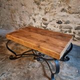 Vintage French coffee table from the 1960s – Rustic pine coffee table with a black iron base.