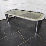 Chrome metal coffee table with smoked glass top from the 70s