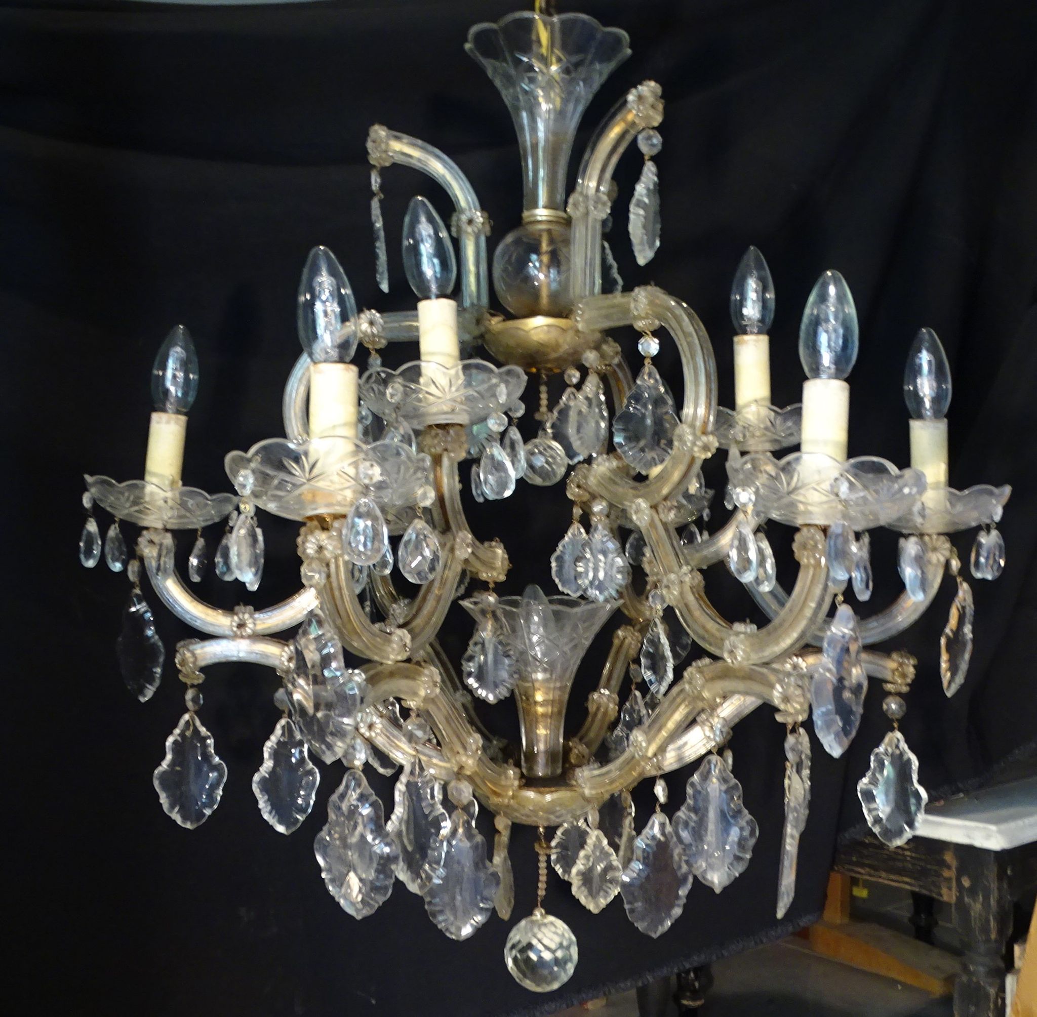 Venetian chandelier glass and crystal 9 Lights circa 1940