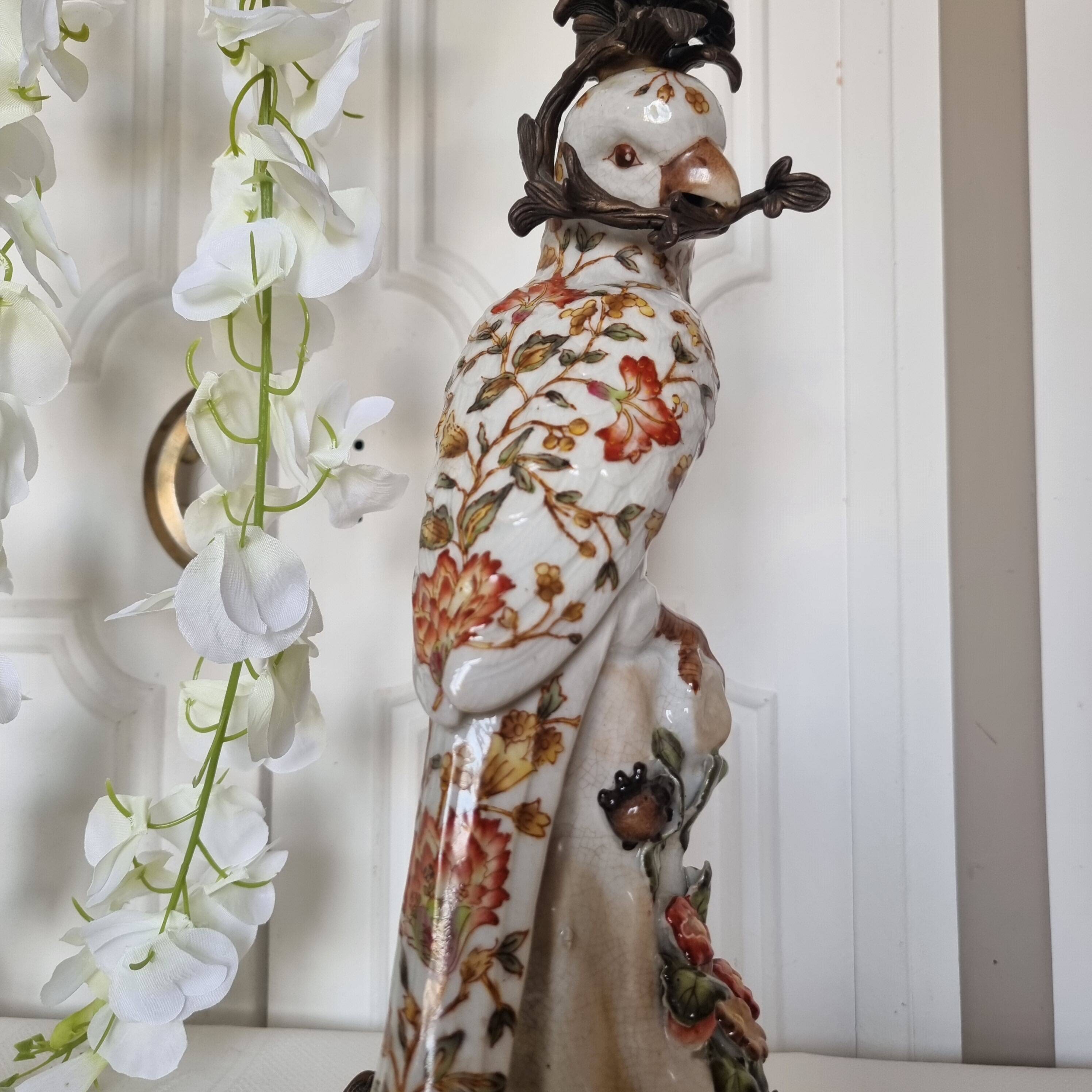 Parrot Candle Holder, Enameled Porcelain and Bronze, Late 19th Century