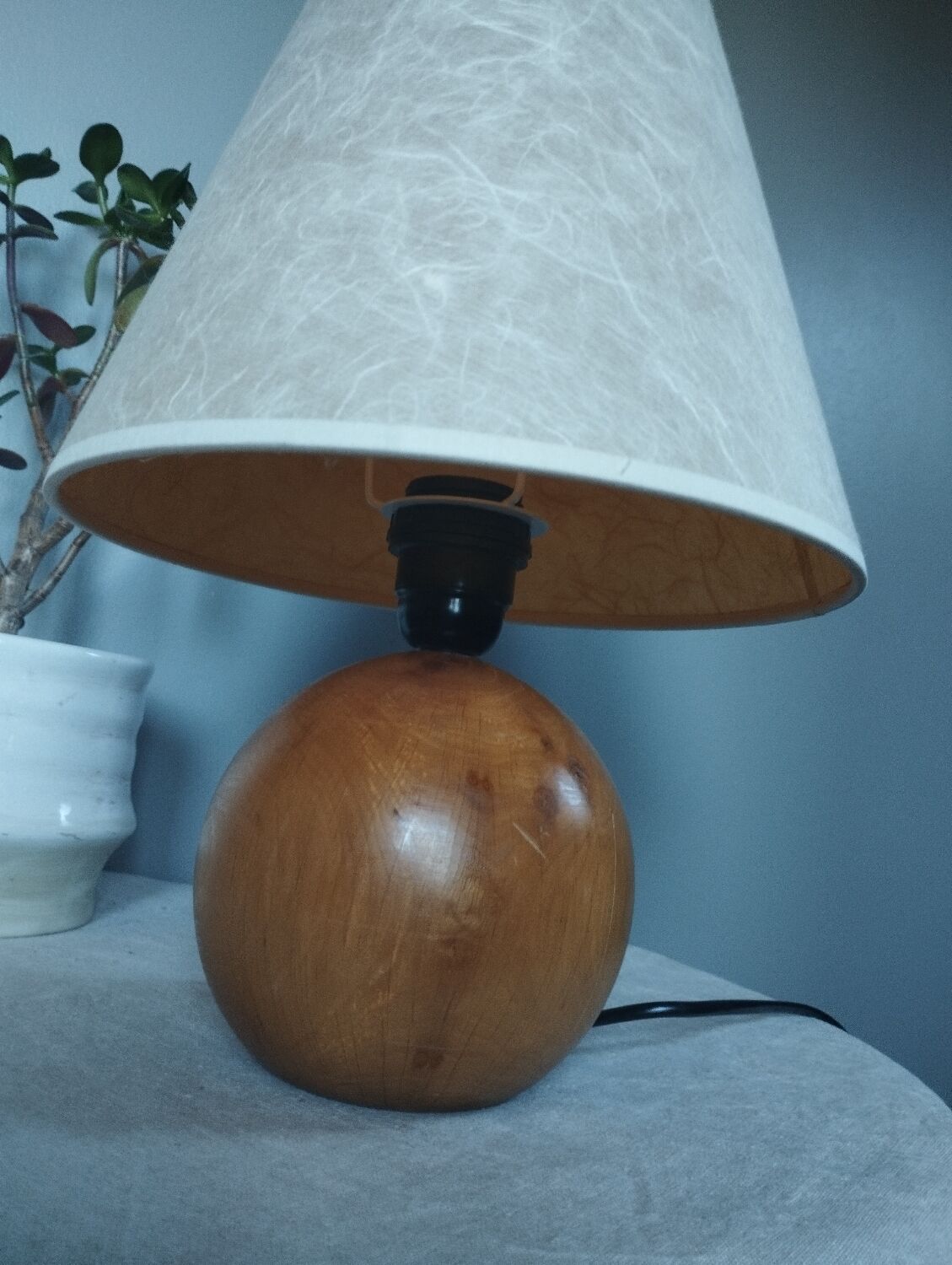 Table lamp foot ball light wood, lampshade ecru paper, 1970's