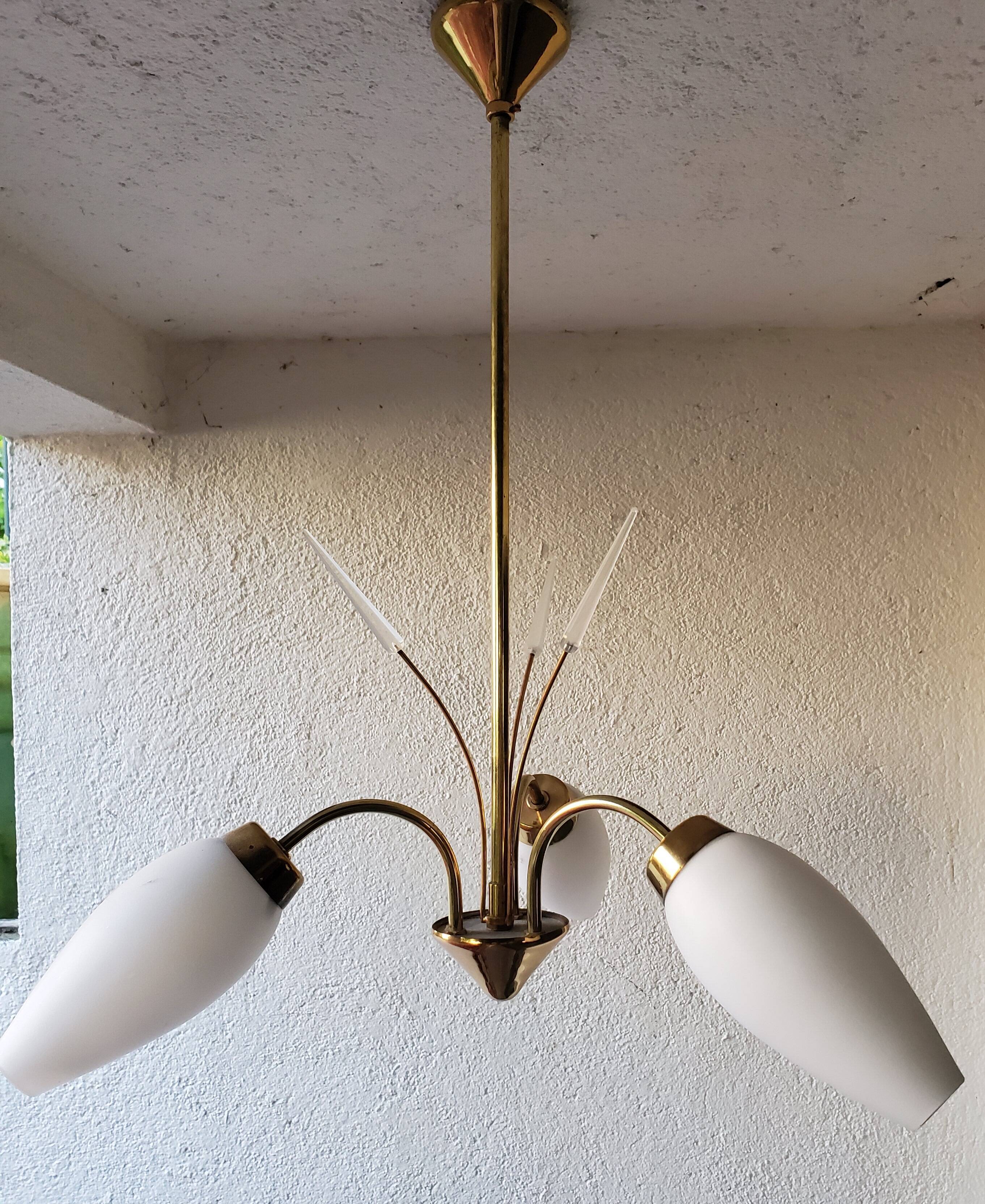 60's opaline and brass chandelier