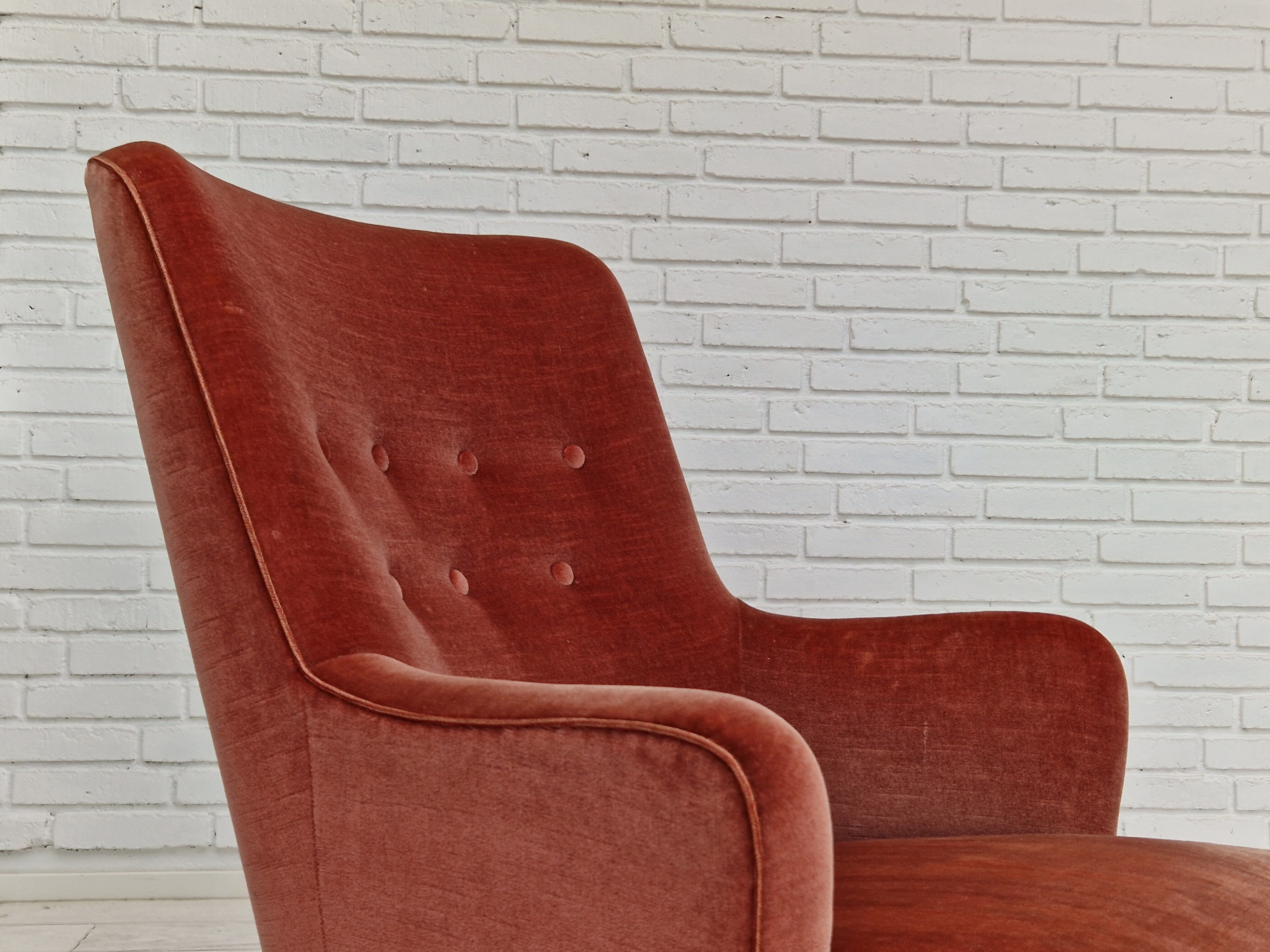 1970s, Danish set of two velour armchairs, original condition, beech wood.