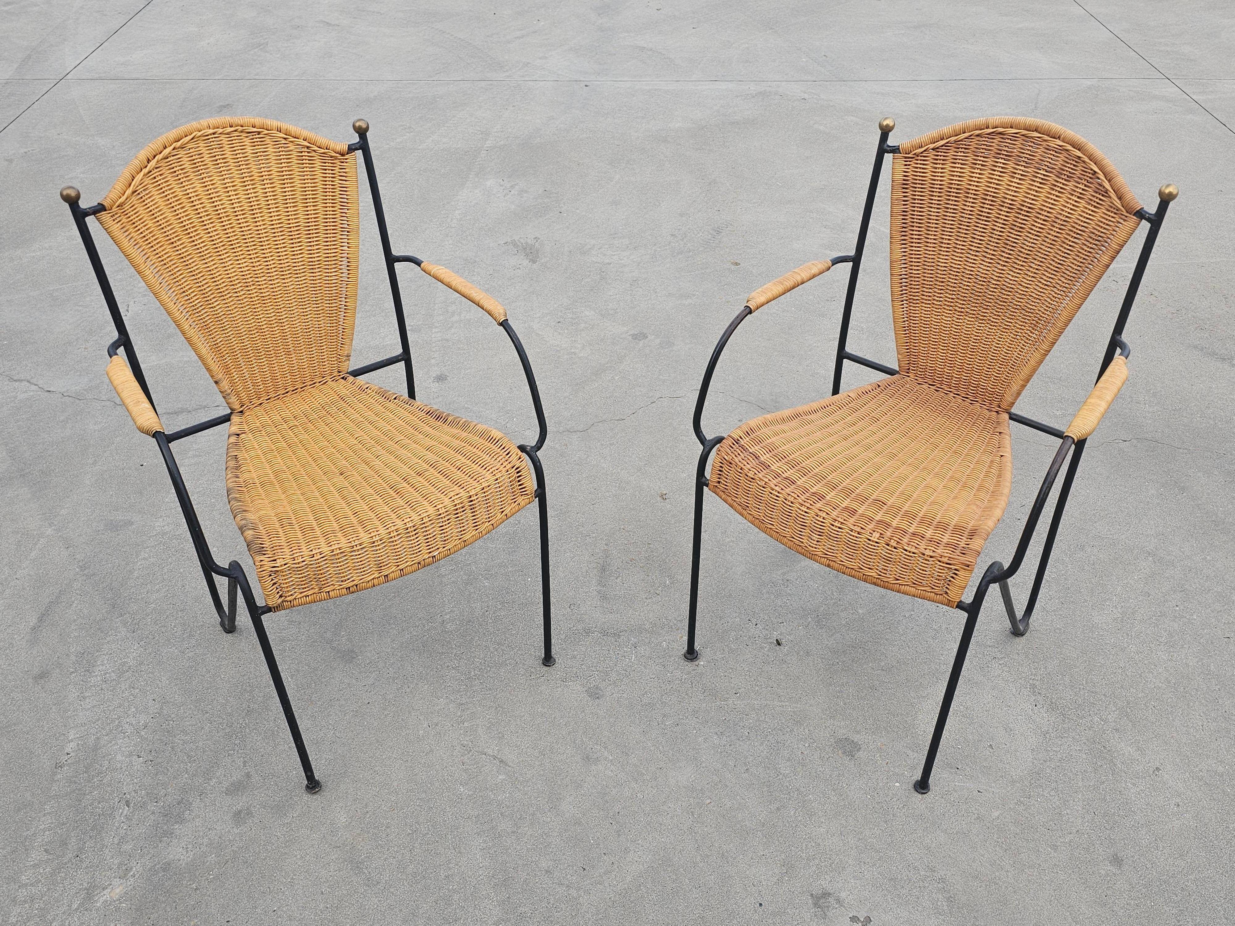 Mid-Century Chair by Frederic Weinberg in Rattan, Iron and Brass