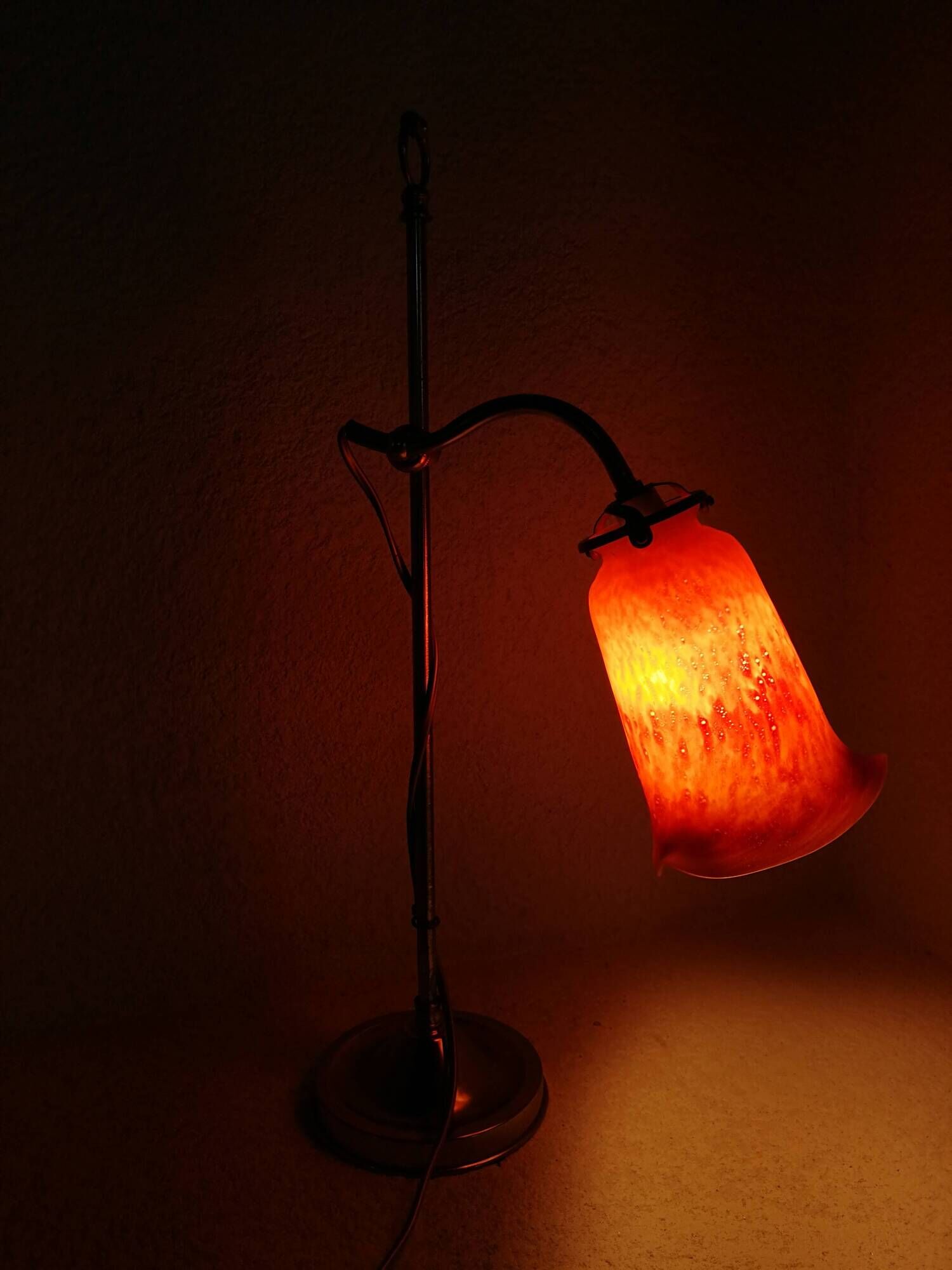 Orange glass paste tulip lamp, art nouveau swan neck, art deco