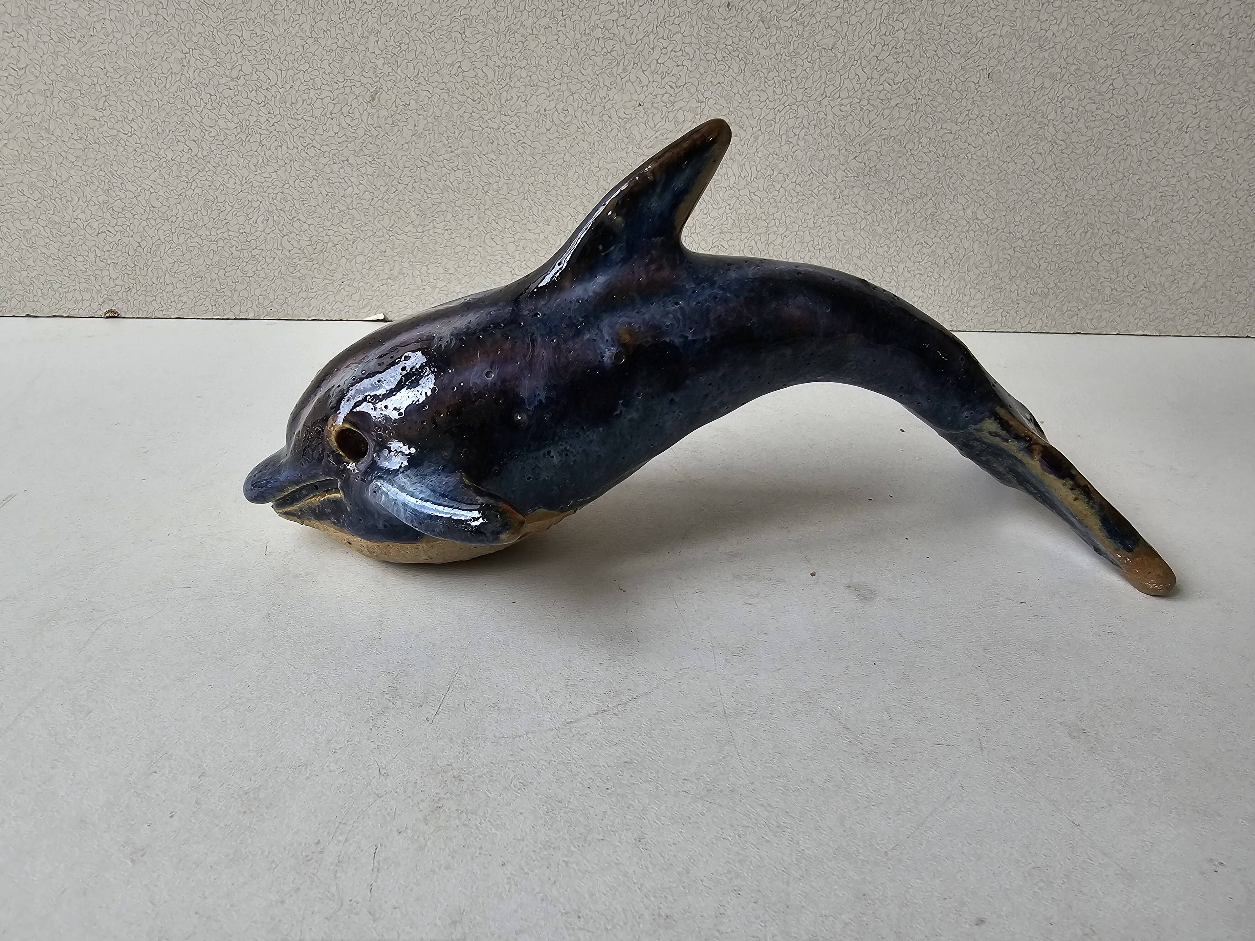 Signed blue ceramic dolphin sculpture (Signature to be identified)