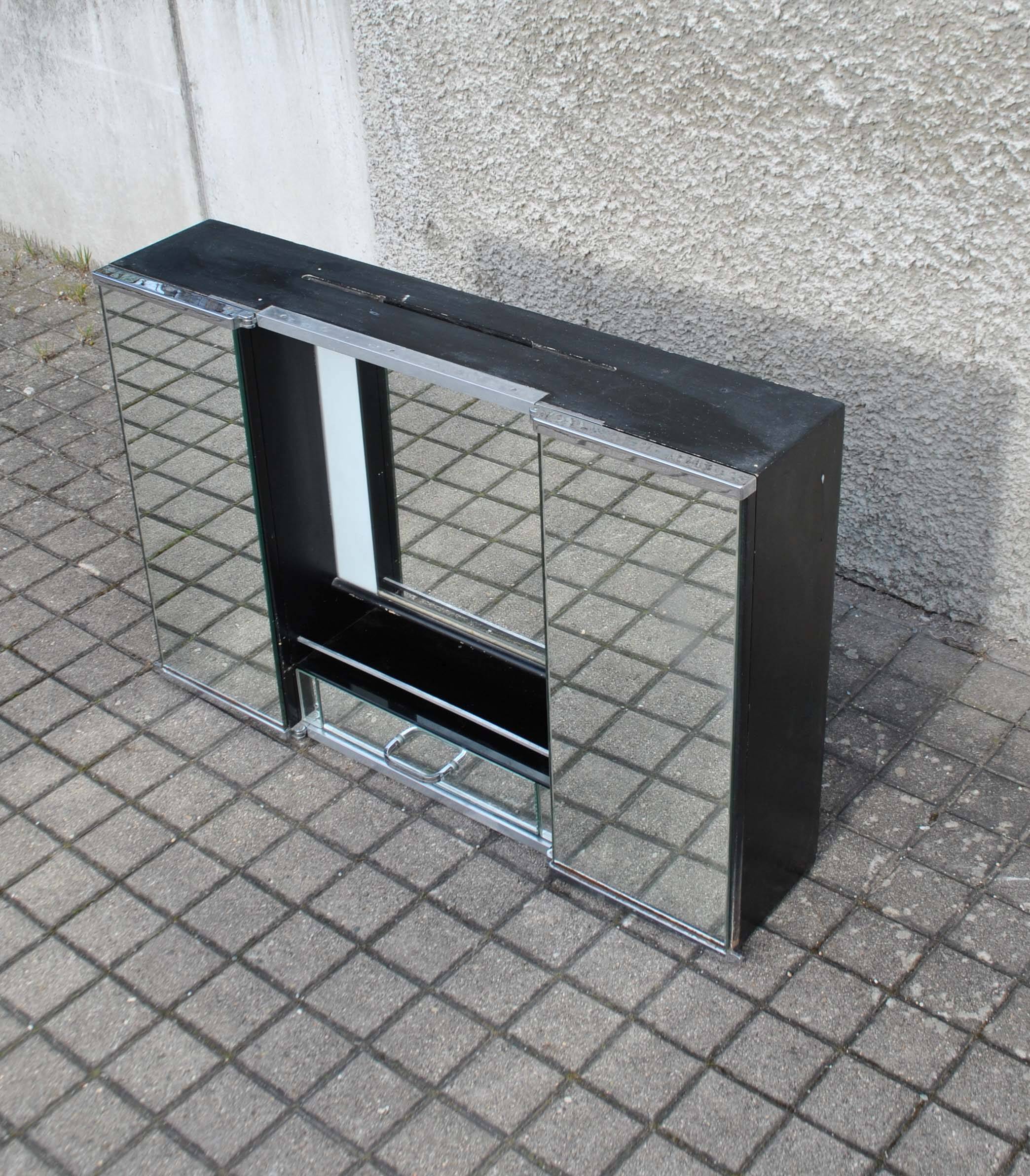 Vintage mirror cabinet in wood and chrome metal - backlit dressing table shelf 1950-1960