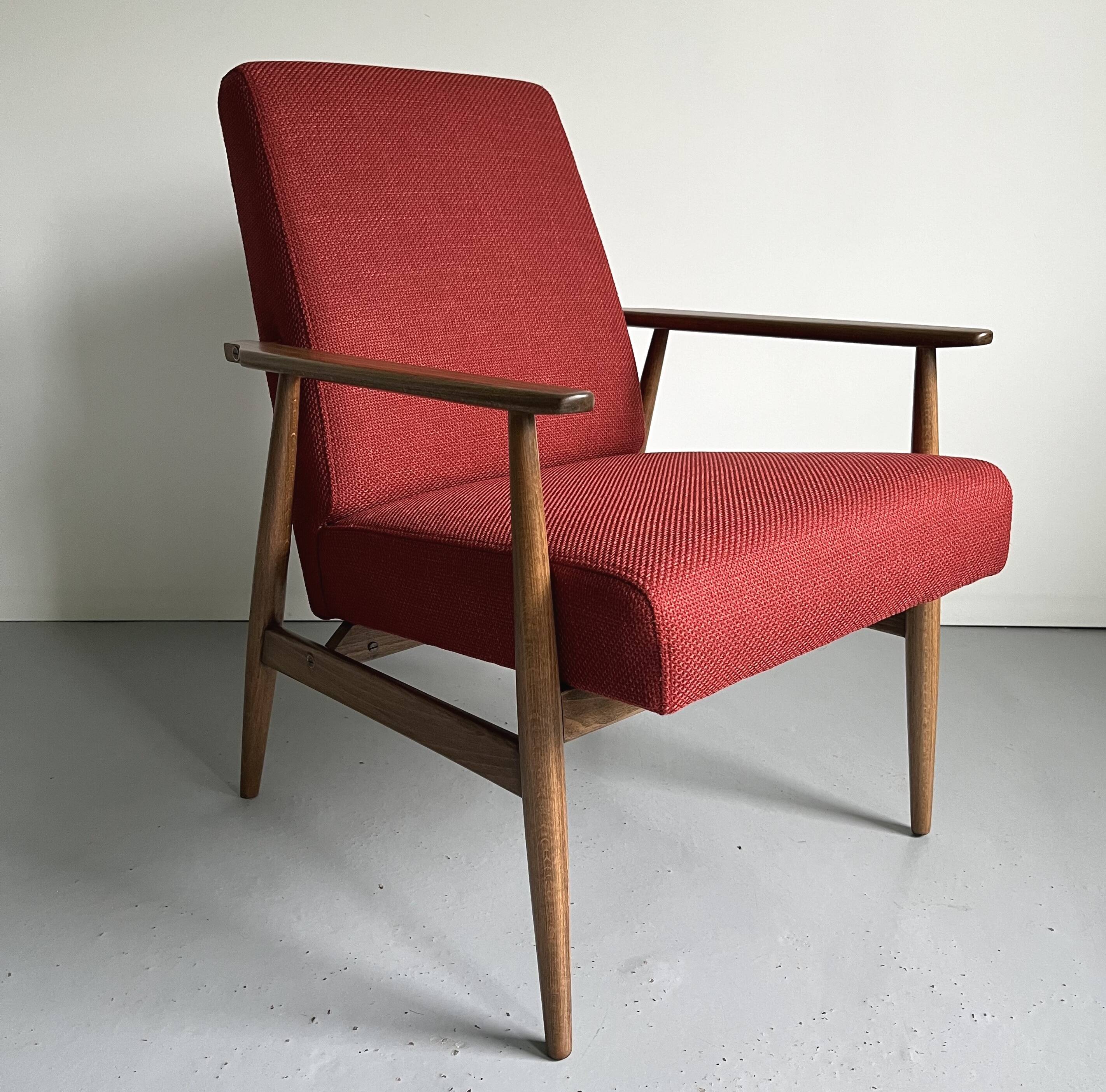 Restored Polish Mid-Century Modern Armchair, Red Vintage Lounge Chair