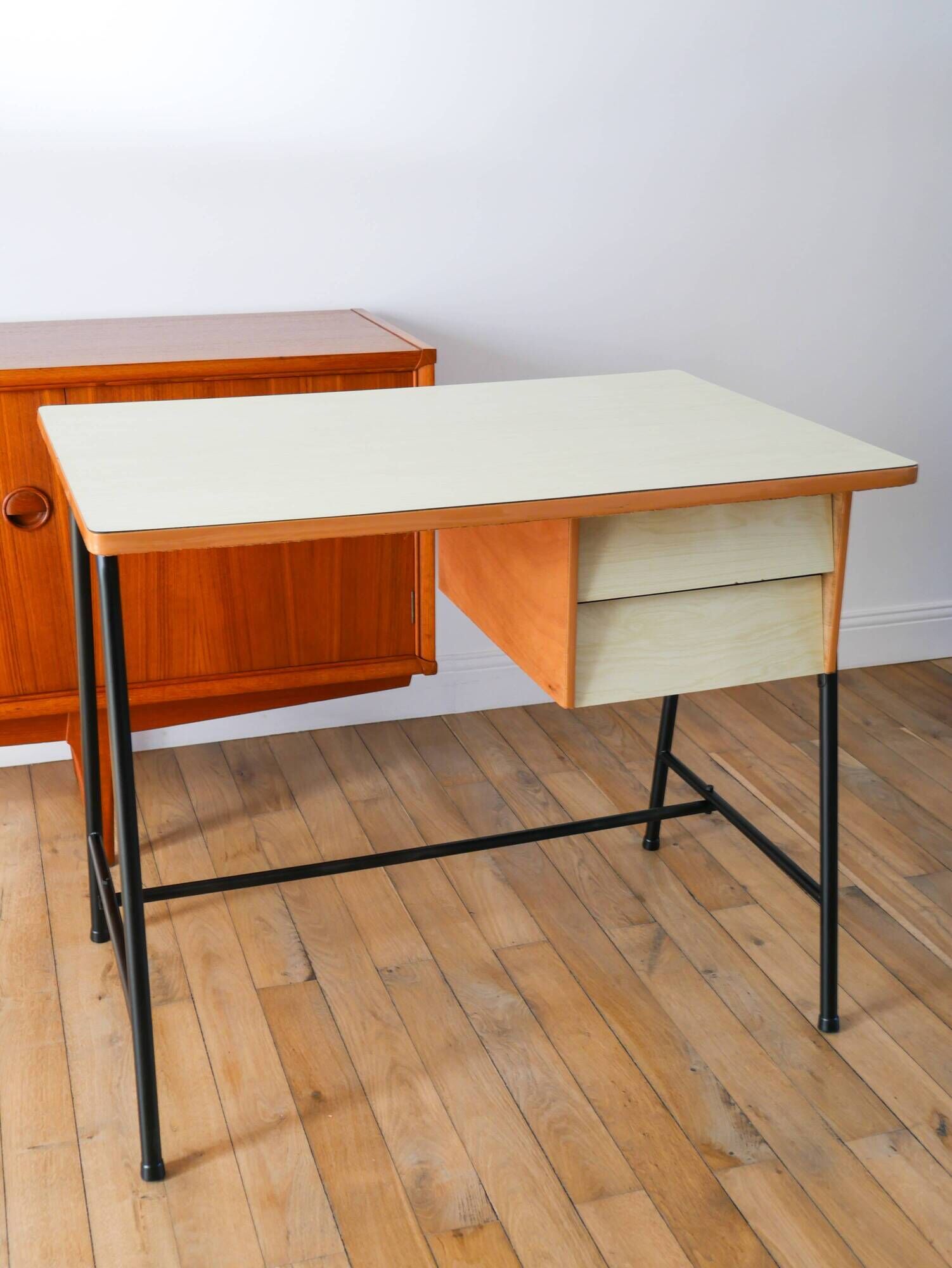 Formica, beech and black metal desk, Modernist Design, 1960