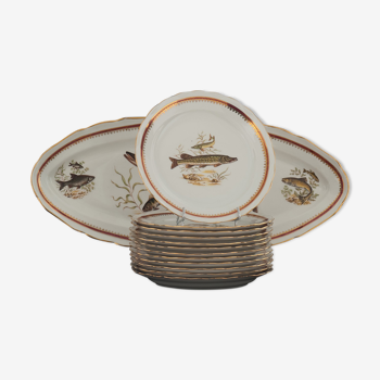 Porcelain fish set 12 plates 1 dish Vintage Surget Mass