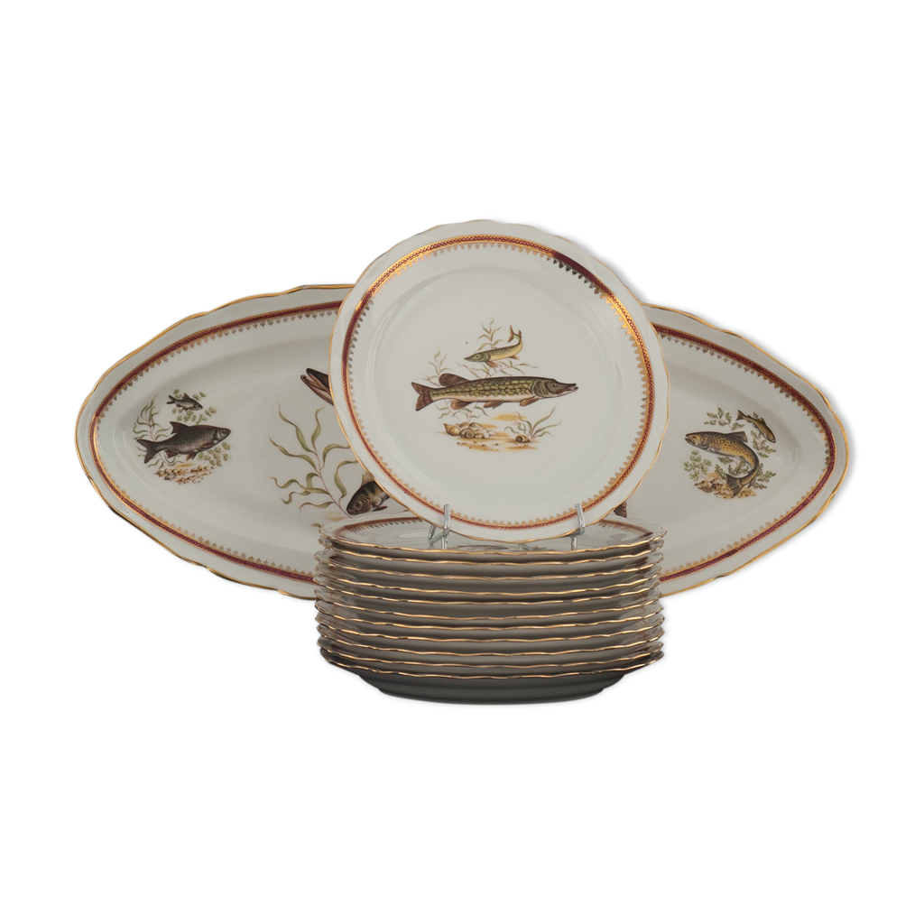Service à Poisson En Porcelaine PF - 12 Assiettes + Plat + Saucière - Blanc