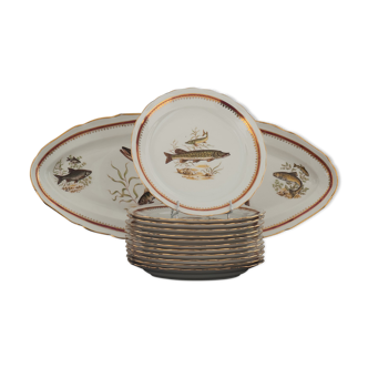 Porcelain fish set 12 plates 1 dish Vintage Surget Mass