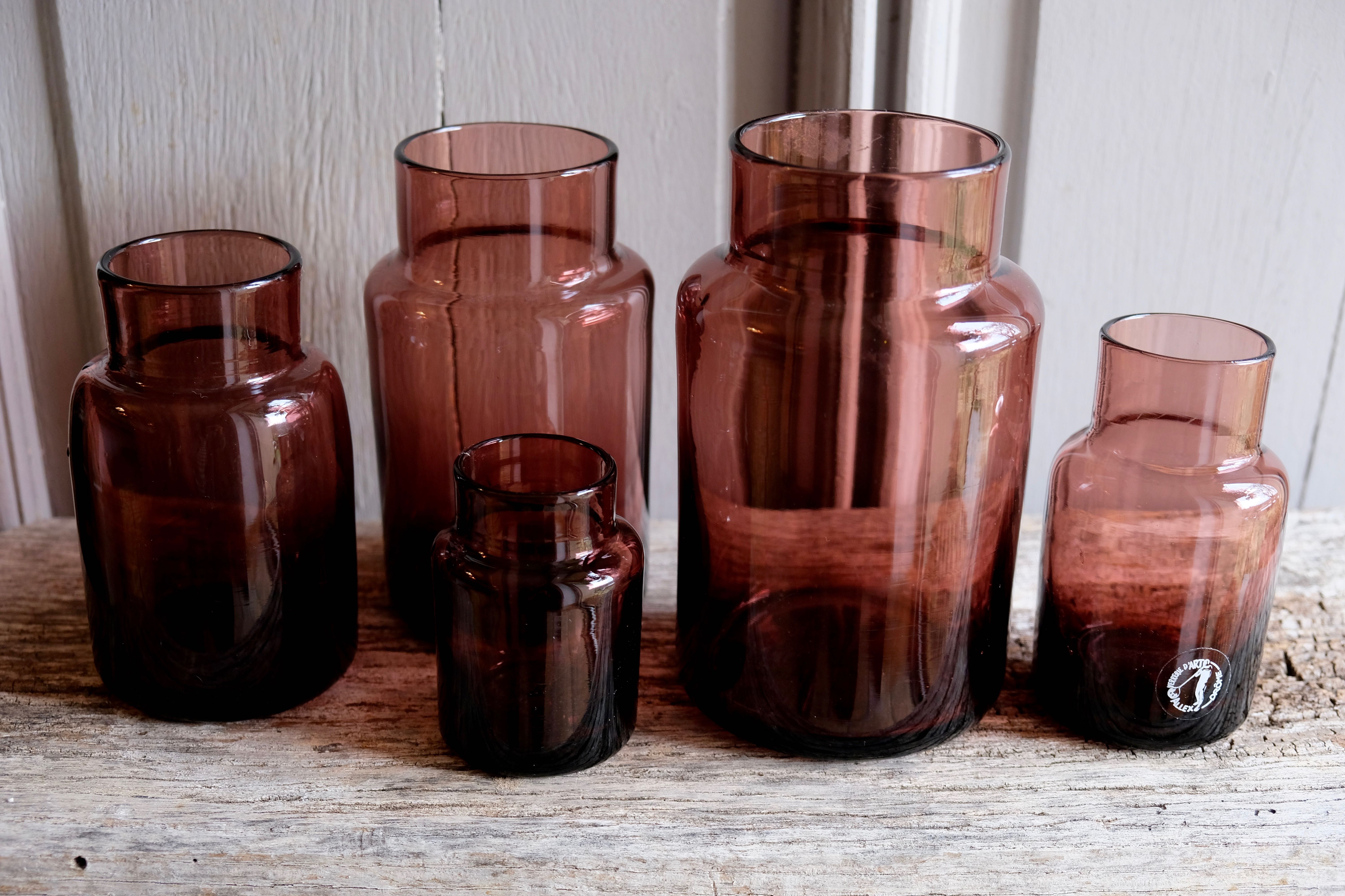 Set 5 vases in blown glass art glass ALLEX, Drôme