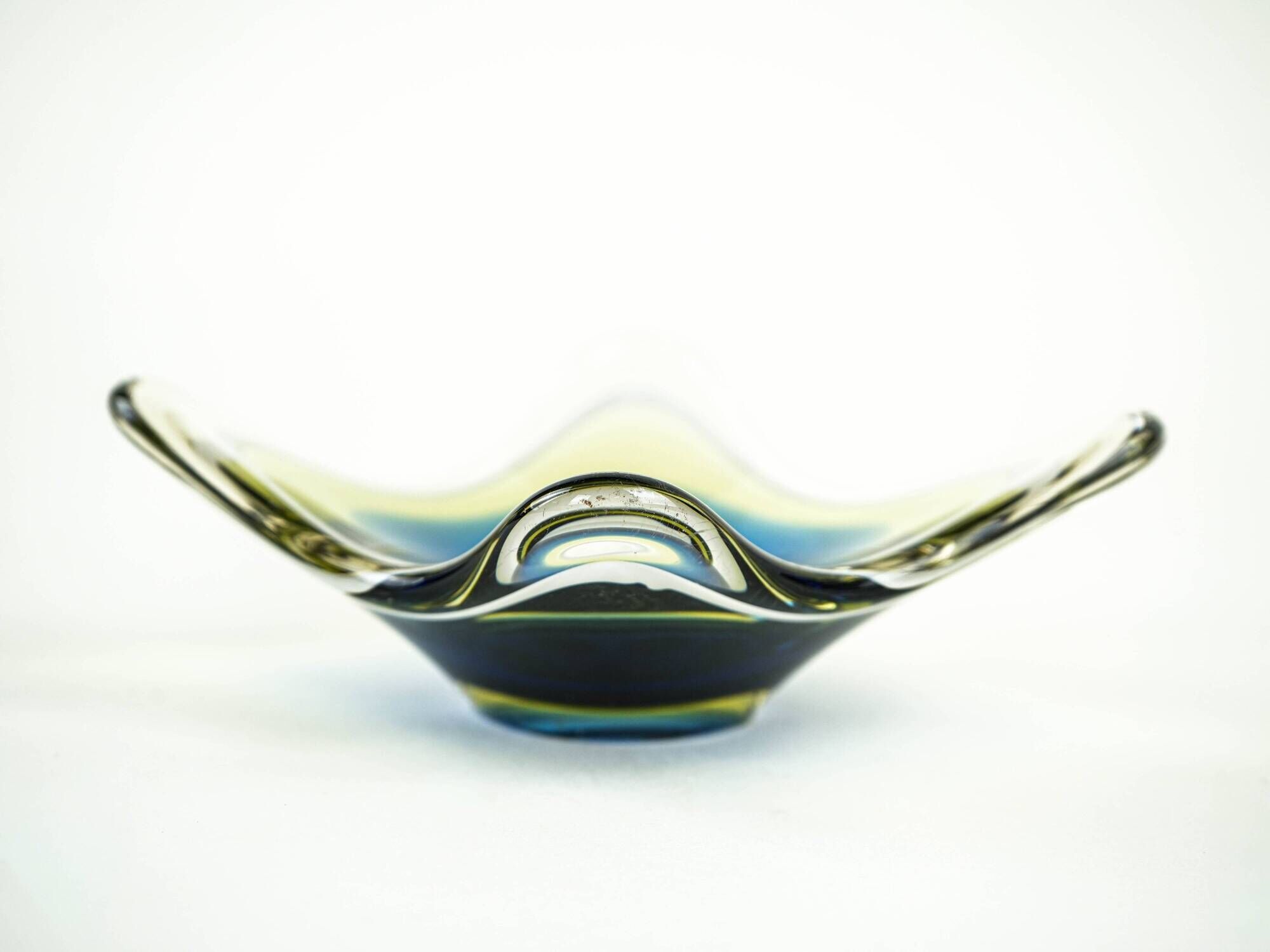 Art glass platter with organic form in blue and yellow, Europe, 1970s