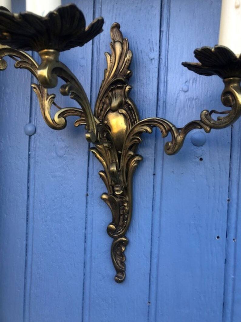 Pair of French Vintage Rococo Gilt Bronze Wall Sconces: Ornate 3-Arm Lamps