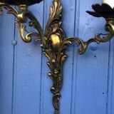 Pair of French Vintage Rococo Gilt Bronze Wall Sconces: Ornate 3-Arm Lamps