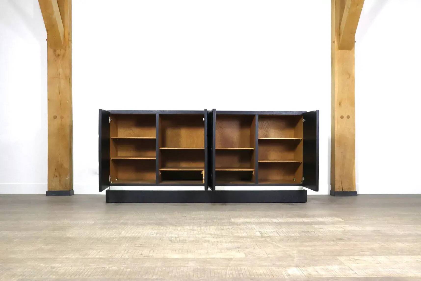 Midcentury Modern Brutalist Sideboard In Black Carved Wood And Chrome, Belgium, 1970s