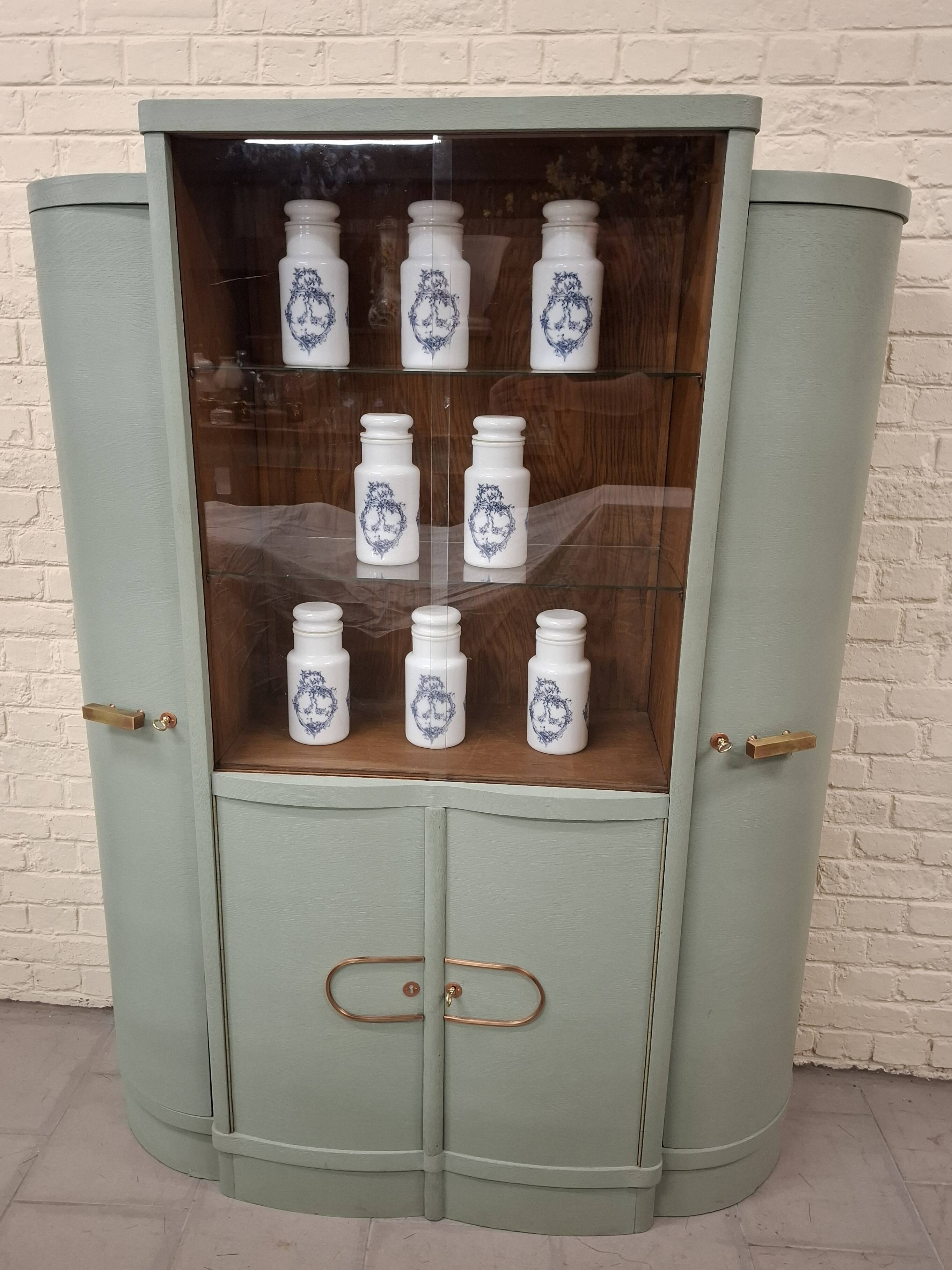 Vintage glass-fronted cabinet, bookshelf.