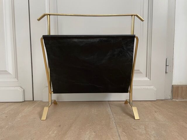 Gold and leather metal magazine rack 1950