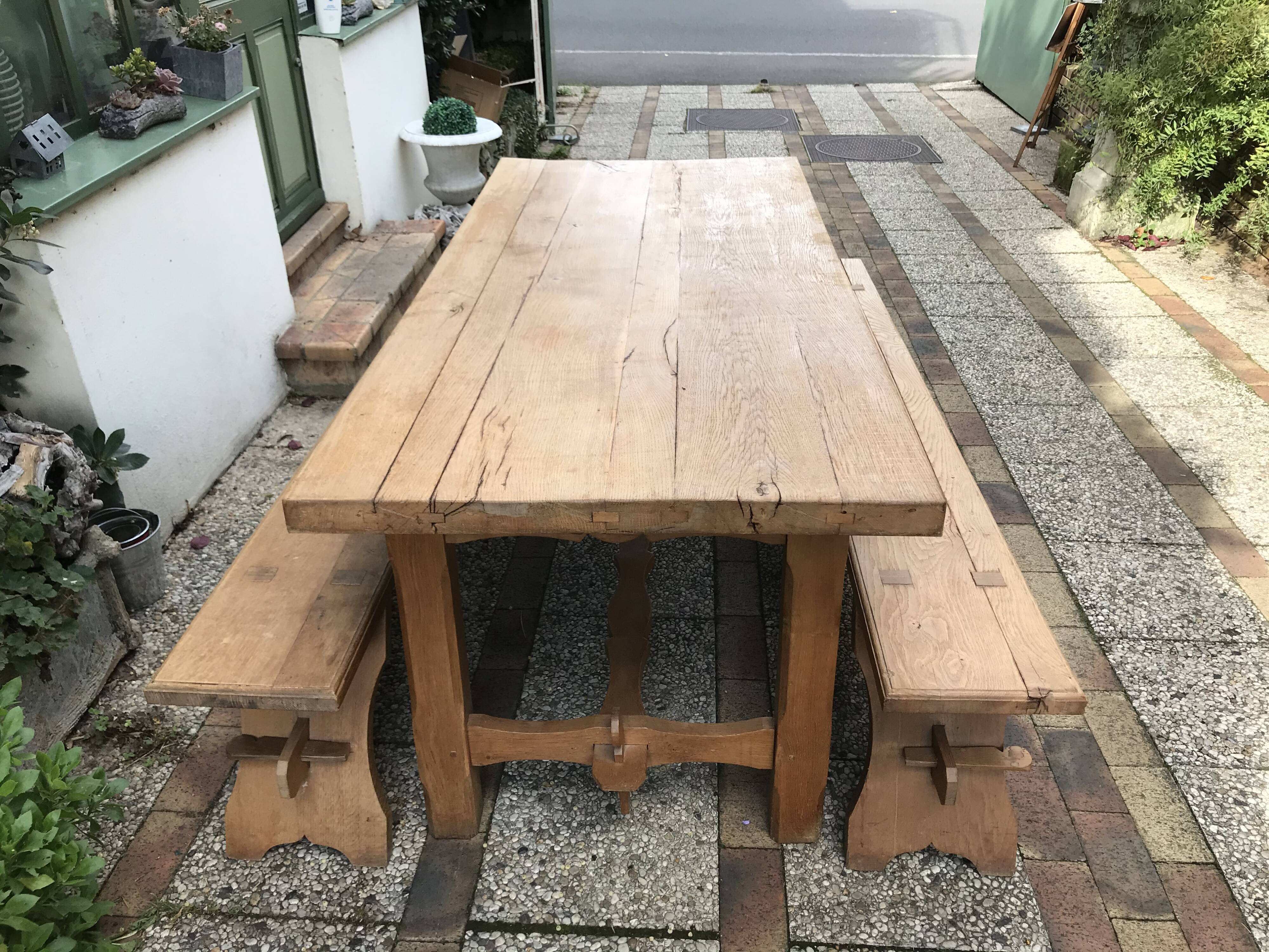 Farm table and two solid oak benches