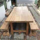Farm table and two solid oak benches