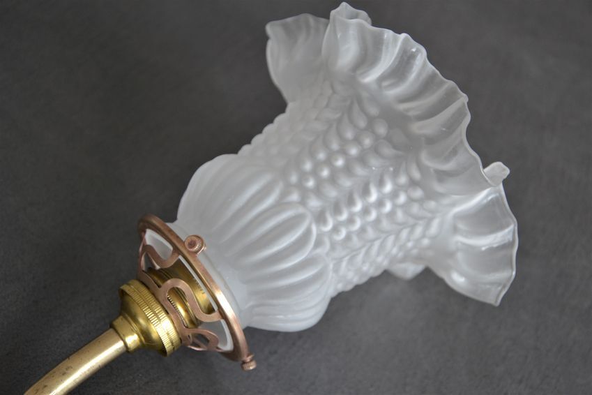 Wall lamp with glass tulip lampshade, brass swan collar holder and porcelain