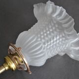 Wall lamp with glass tulip lampshade, brass swan collar holder and porcelain