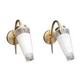 Pair of glass and brass wall lamps, vintage, circa 1960