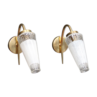Pair of glass and brass wall lamps, vintage, circa 1960