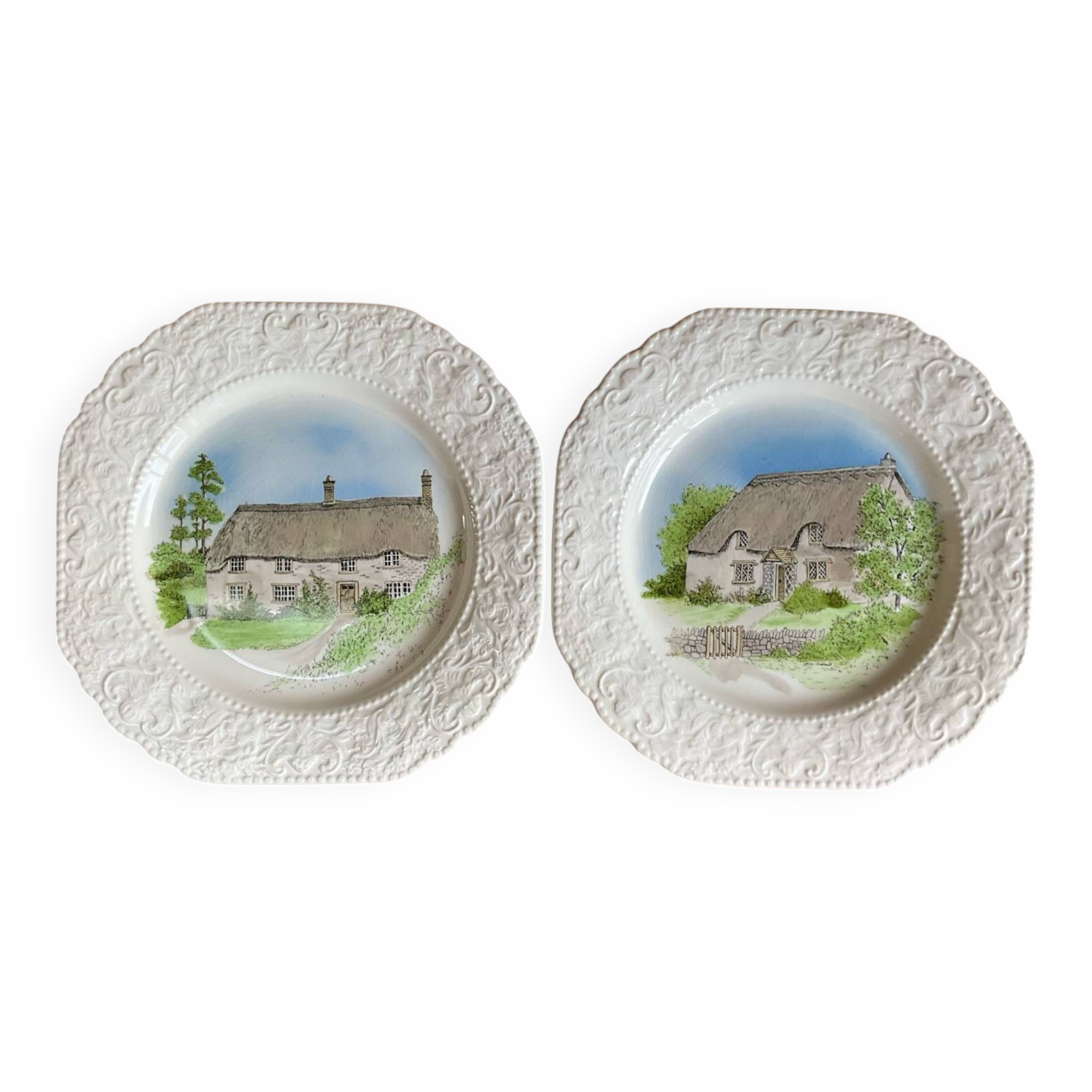 Duo of “country cottages” plates Burleigh Staffordshire England