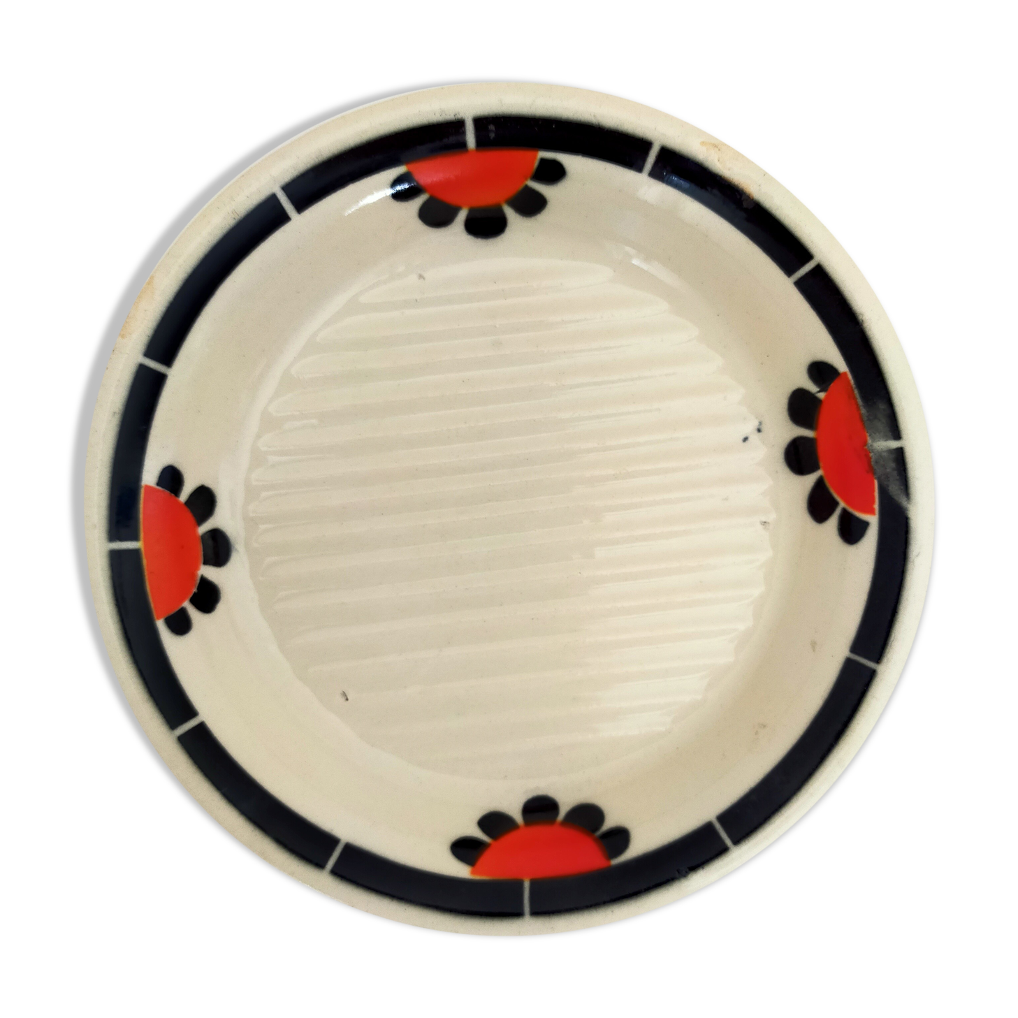 old vintage soap holder Art Deco earthenware wolf mill toledo color white, red and black
